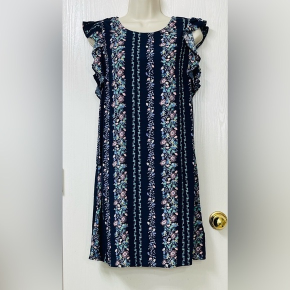 Old Navy Dark Blue Ruffle Shoulder Dress with Pastel Floral Size Small - Picture 11 of 12